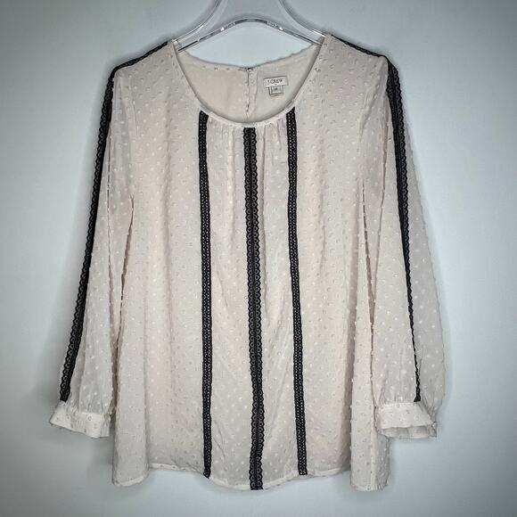 J. Crew Cream Swiss Dot Black Lace Trim Blouse Size 10 - Picture 2 of 8